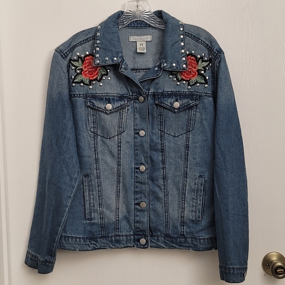 Crave Fame Womens Jean Jacket Blue Buttons Pockets Collar Embellished Studded M - Picture 2 of 10